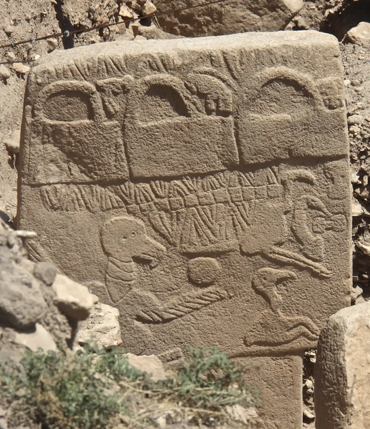 Pillar 43, the Vulture Stone, carved with a vulture and other animals at Göbekli Tepe, a highlight of Göbekli Tepe tours
